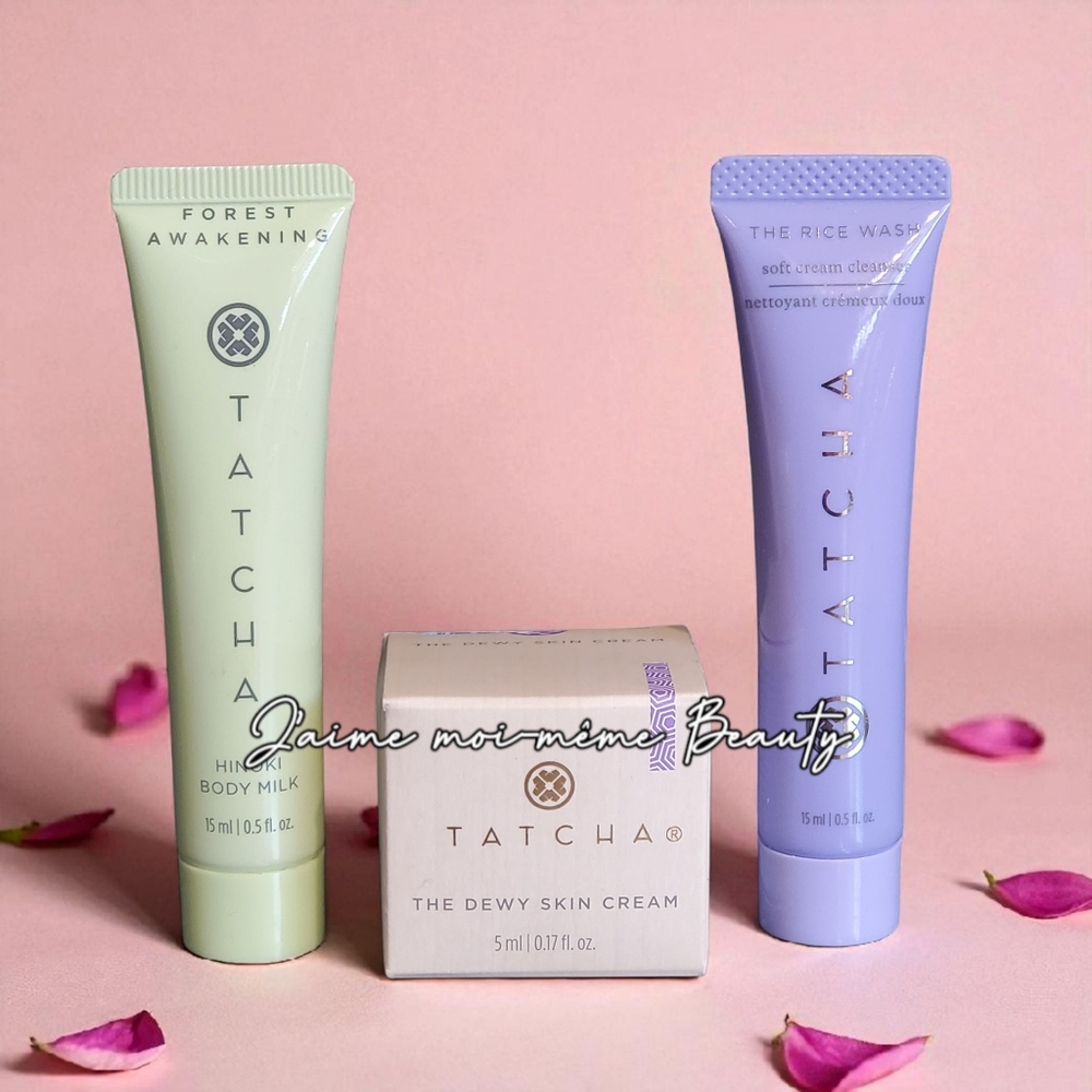 Tatcha Skincare Set with Hinoki Body Milk, Rice Wash, and Dewy Skin Cream